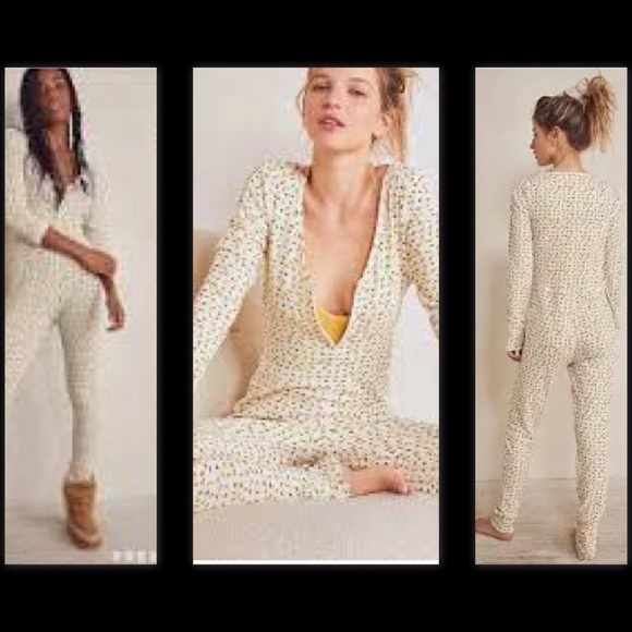Free People Intimately Home Alone Long Johns Cream Yellow Floral Jumpsuit XS - Picture 1 of 15